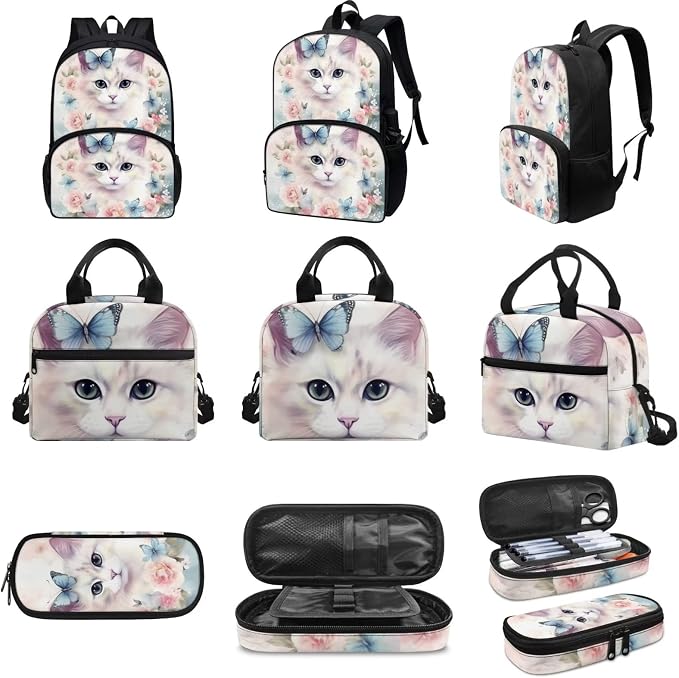 Butterfly Floral Cat Print Backpack Set for Girls Kids Lightweight Cute School Backpack with Lunch Box Pencil Case Adjustable Strap Padded Book Bag Insulated Lunch Bag - Image 3