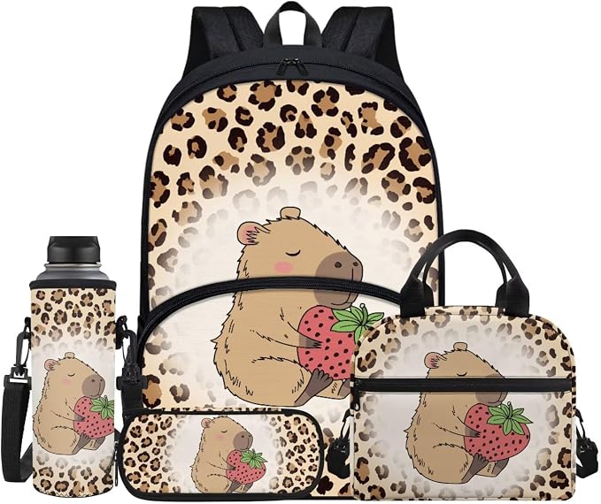 Cartoon Capybara Leopard Strawberry School Backpack Set Travel Bookbag Daypack for Kids Girls Boys Lunch Tote Bag Box Water Bottle Sleeve Pen Pencil Case Bags for Back to School by Jndtueit