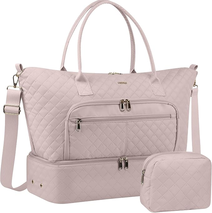 HOTOR Travel Duffle Bag for Women - Carry on Bag with Toiletry Pouch & Shoe Compartment, Large Overnight Weekender Bags for Gym, Business Trips, Sports and Hospital, Pink, 17.3" x 7.9" x 13.4" by HOTOR