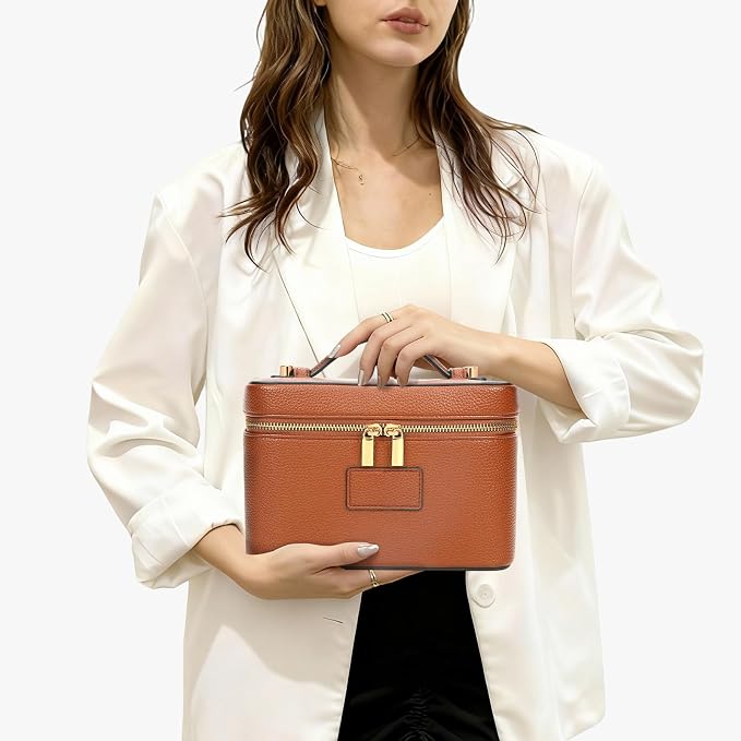 Makeup Bag Vanity Case with Removable Divider Travel Toiletry Bag Portable Cosmetic Bag Makeup Organizer Case (Light Brown) - Image 3