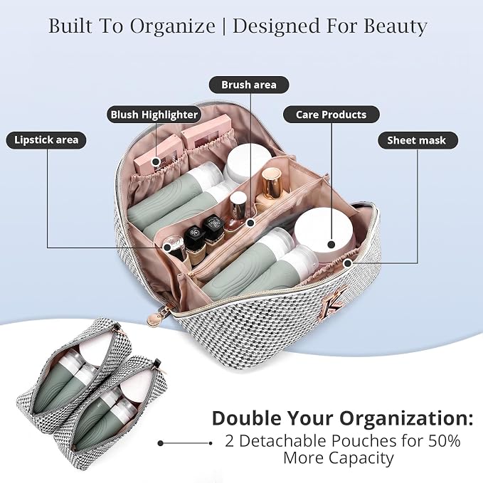 Personalized Gift Travel Makeup Bag: Initial Makeup Organizer Bag for Women | 3-in-1 Custom Make up Bag Set - Vegan Leather Travel Cosmetic Bag - Luxury Gift for Women – Birthday, Anniversary, Graduation - Image 3