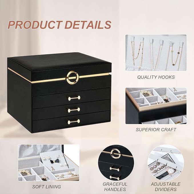 Jewelry Boxes for Women, Large Jewelry Storage Boxes, 4-Layer Leather Jewelry Organizer with 3 Drawers, Jewelry Display Case Gift for Women Girls, Black - Image 8