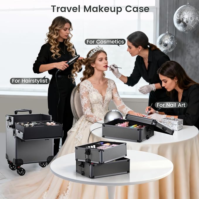 Yueieoun 5 in 1 Makeup Train Case, Cosmetology Case on Wheels Travel Make up Case Rolling Nail Cart Makeup Organizer Cosmetic Storage Box Cases Extra Large Trolley Truck, 360° Swivel Wheels, Ashy Grey - Image 6