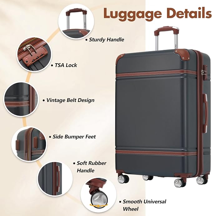 Merax 28 Inch Checked Luggage, Expandable Suitcase with Spinner Wheels, Hard Shell Vintage Luggage Set with TSA Lock(Black) - Image 3