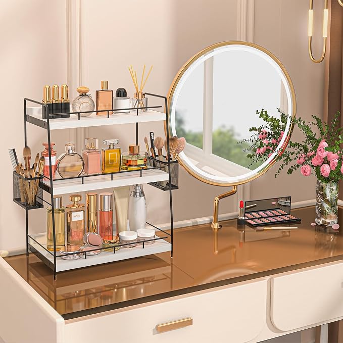 Bathroom Counter Organizer,Bathroom Countertop Organizer with Baskets,Vanity Organizers,Counter Shelf,Countertop Storage, Makeup Organizers(White) - Image 2