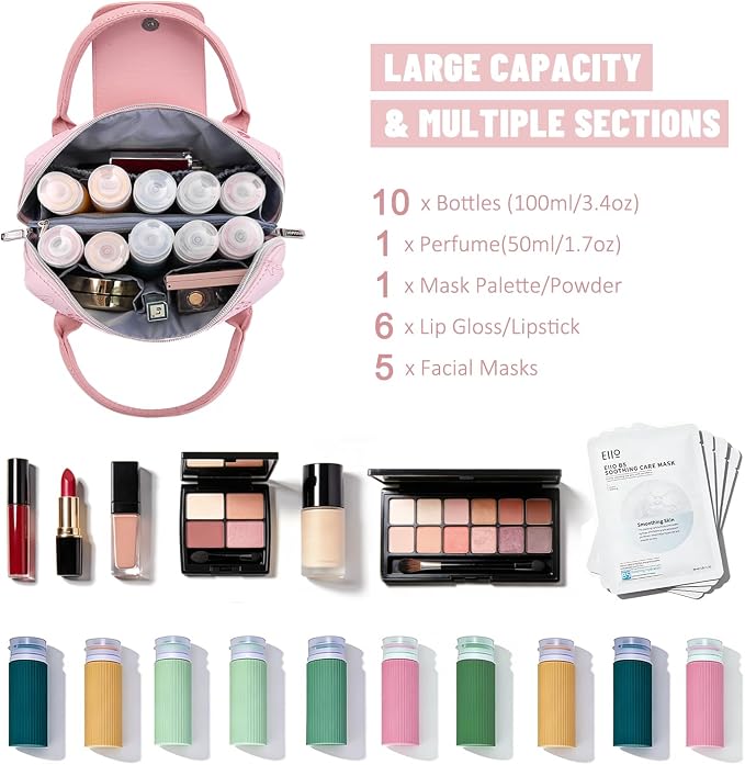BOYATU Travel Makeup Bag Organizer with Handle: Forest Animal Cosmetic Bag Holds 10+ 100ml Full-Size Bottles for Dates & Trips - Waterproof Leather Toiletry Pouch 3-sec Touch-up for Chic Woman(Pink) - Image 6
