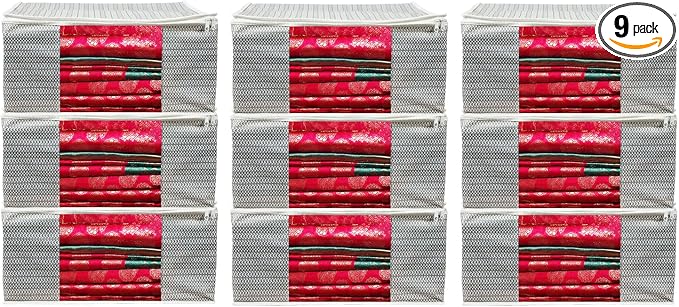 ANKIT INTERNATIONAL Grey Saree Cover Storage Bags Pack of 09 – Non Woven Foldable Clothes Storage Organizer with Zipper & Clear Window, Wardrobe Garment Storage for Sarees, Dresses by AI+ANKIT+INTERNATIONAL