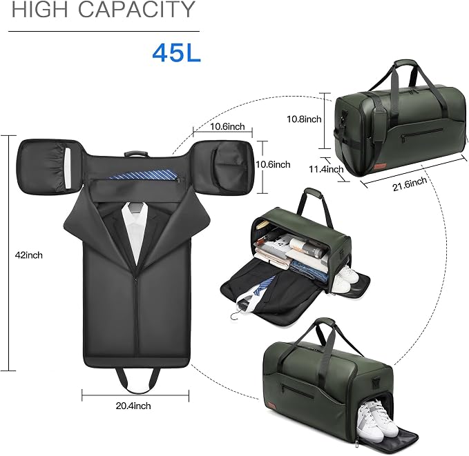 Garment Bags for Travel,45L Carry on Convertible Garment Duffle bag for Men Women - 3 in 1 Hanging Suit Travel Bag with Shoulder Strap - Image 2