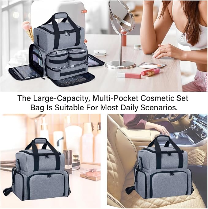 Large Makeup Bag Double Layer with 3 Removable Case,Grey | Large Makeup Bag with 3 Removable Case and 2 Removable Dividers Double Layer Travel Cosmetic Makeup Brushes Storage Section - Image 6
