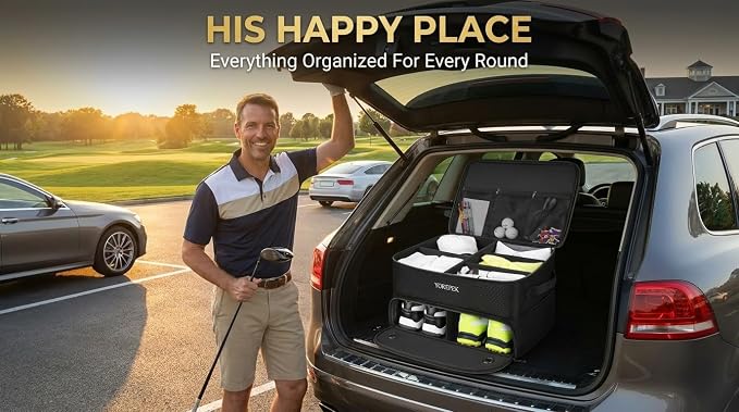 YOREPEK 2 Layer Golf Trunk Organizer, Golf Gifts for Men with Separate Ventilated Compartment for 2 Pair Shoes, Waterproof Car Trunk Locker for Balls, Tees, Clothes, Gloves, Gifts for Golfers - Image 3