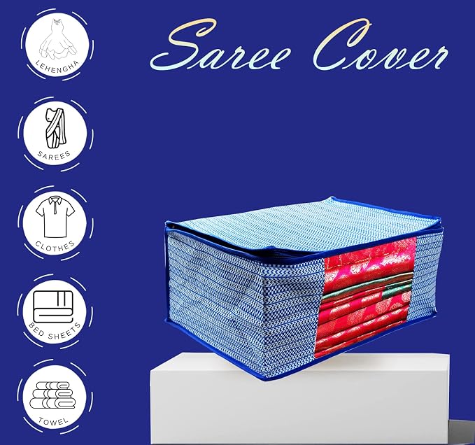 ANKIT INTERNATIONAL Saree Cover Storage Bags Pack of 12 – Non Woven Foldable Clothes Storage Organizer with Zipper & Clear Window, Wardrobe Garment Storage for Sarees, Dresses (Blue) - Image 8