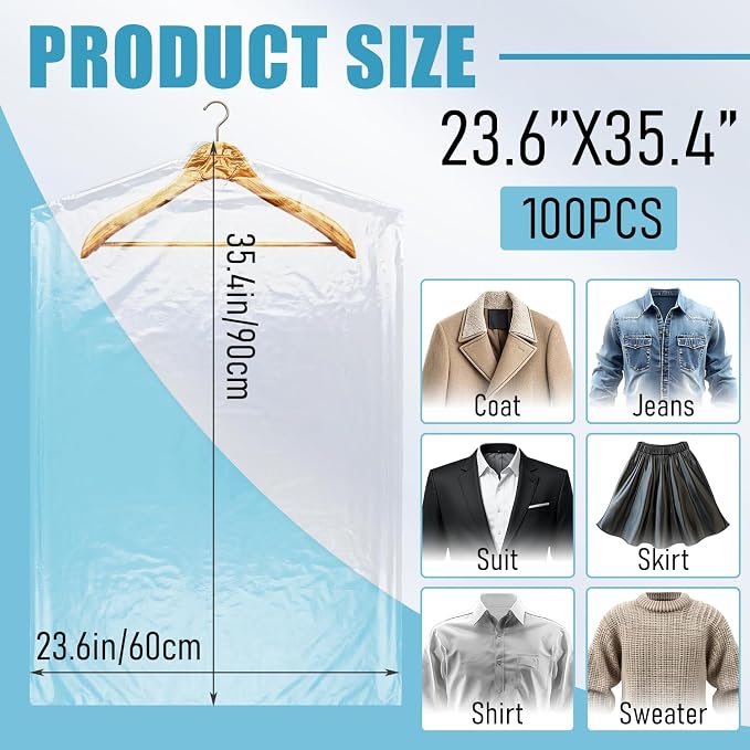 100 Pack Dry Cleaning Garment Bags, 23.6 x 35.4 Inch Plastic Dry Cleaners Bags for Hanging Clothes Dust Protection Clear Clothes Covers for Travel Moving, Home Storage (Hanger Not Included) - Image 2