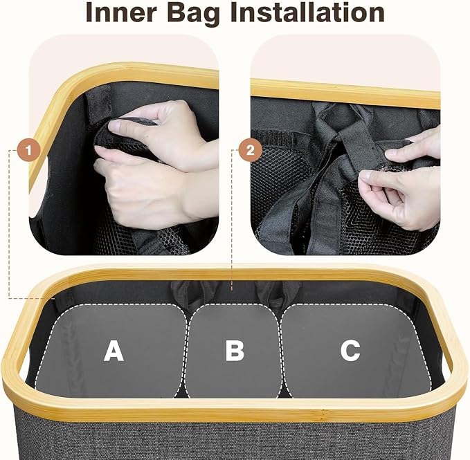Hampers for Laundry Basket with Lid, 160L Large Laundry Hamper 3 Section | Dirty Clothes Hamper Separator with 3 Removable Bags & 5 Labels, Divided Laundry Organizer for Bedroom, Laundry Room, Gray - Image 2