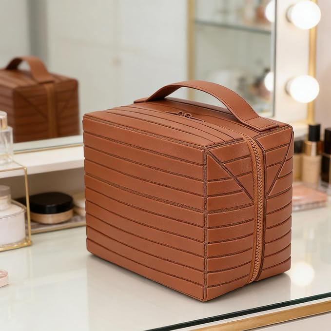 Travel Makeup Bag, Large Capacity Fold Down Cosmetic Bag for Women, Waterproof PU Leather, Pull Open Toiletry Bag with Compartments, for Skincare, Brushes & Travel Essentials (Brown) - Image 9