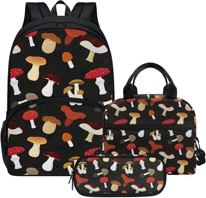 Black Lovely Mushroom Backpack Set for Girls Kids Lightweight Cute School Backpack with Lunch Box Pencil Case Adjustable Strap Padded Book Bag Insulated Lunch Bag by Parprinty