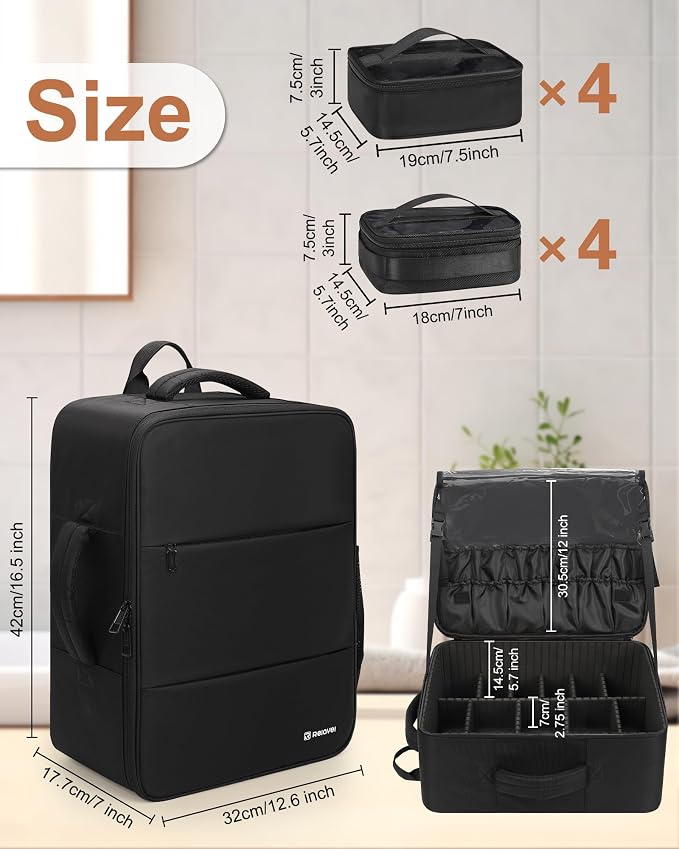 Relavel Makeup Backpack Extra Large Travel Train Case Professional Makeup Artist Kit Set Bag with 8 Clear Bags, Brush Storage Organizer Box with Dividers for Cosmetic Hair Tools Barber Supplies - Image 5
