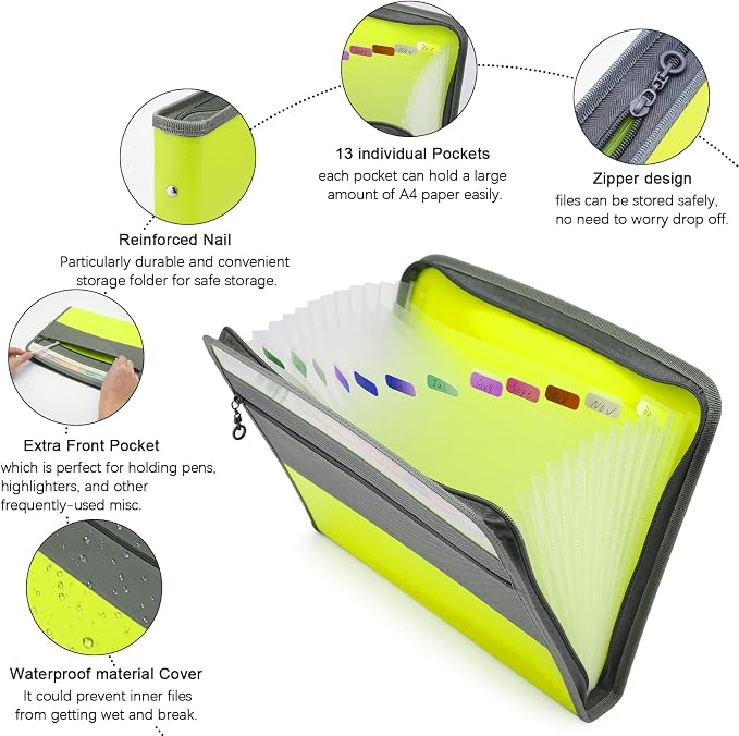 NAFY Expanding File Folders, 2Pack 13 Pockets Document Organizer with Zipper, A4 Letter Size Portable Accordion Expanding File Folders with Multicolor Labels for Office School Supplies (Black+Green) - Image 3