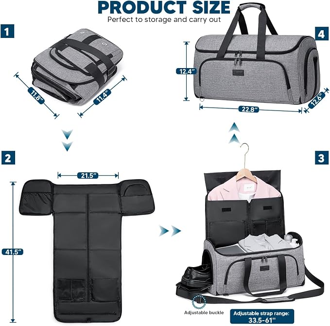 Vessgra Garment Bags for Travel,Convertible Garment Bag with Shoulder Strap, 4 in 1 Suit Bag Travel with Shoes Foldable 58L Garment Bags for Men Women Garment Duffel Bags for Hanging Clothes,Grey - Image 3