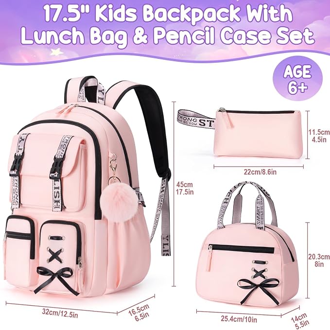 Fimibuke Backpack for Girls, 3 PCS Waterproof Girls Backpack with Lunch Box & Pencil Case, Kid Backpacks for Teen Girl Kindergarten Elementary Middle High School Student Back to School Kid Bookbag Set - Image 2