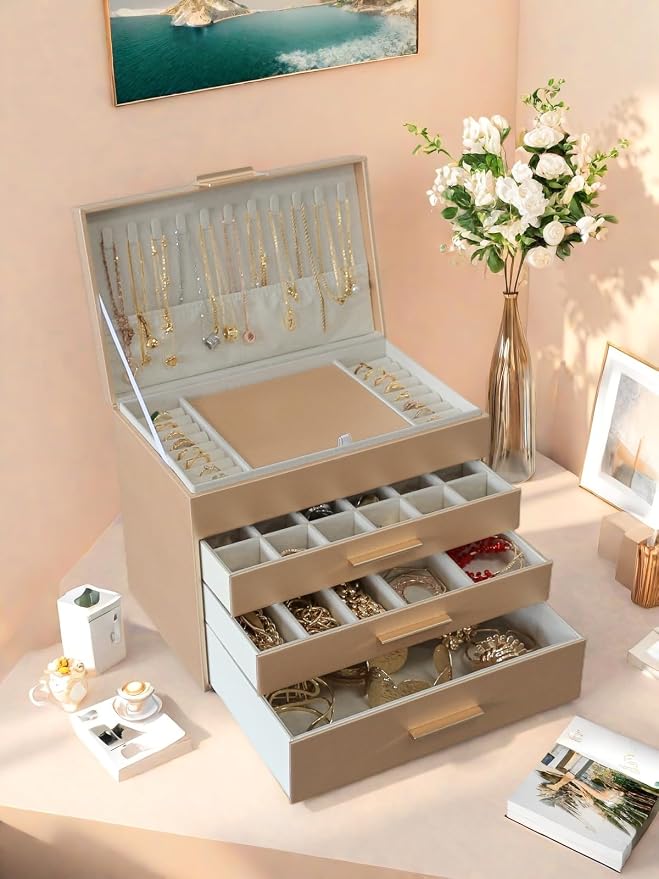 BOOVO Jewelry Boxes for Women, White and Black 6 Layer Large Jewelry Box for Necklace, Bracelet, Earrings, Rings Storage, Jewelry holder Organizer for Girls Gift (Champagne, 5 Layer) - Image 6