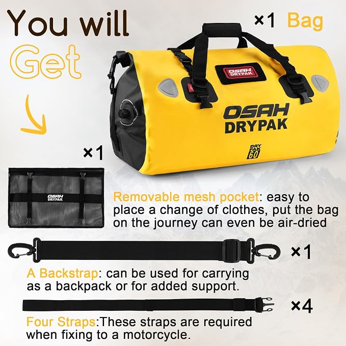 OSAH DRYPAK Waterproof Duffel Bag - Motorcycle Dry Bag Tail Bag with Large Storage Space, Waterproof Luggage Duffle Bags with Outer Mesh Zipper Pocket for Camping, Kayaking, Fishing & Traveling - Image 7