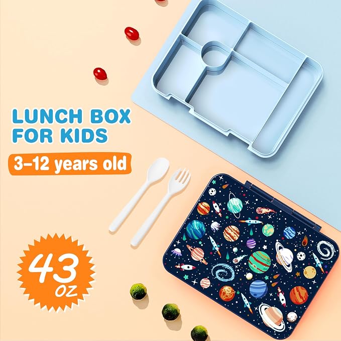 Bevalsa Kids Backpack for Boys with Bento Lunch Box, Insulated Bag & Utensils, 43oz Lunch Containers with 6 Compartment, School Bags for Elementary Middle School Student (Space) - Image 5