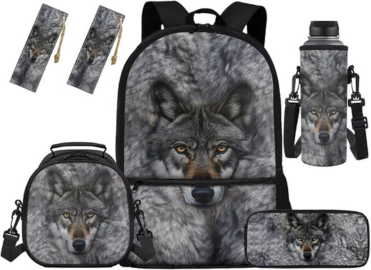 3D Wolf Backpack for Boys Wolf Kids Backpack with Lunch Box Water Bottle Pouch and Kawaii Pencil Case Bookmark 5Pcs Set for Travel School Supplies by Unknown