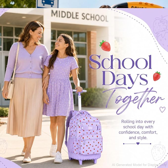 3Pcs Rolling Backpack for Girls, School Roller Bookbag with Wheels, Strawberry Wheeled Backpacks Set for Women (Purple) - Image 9