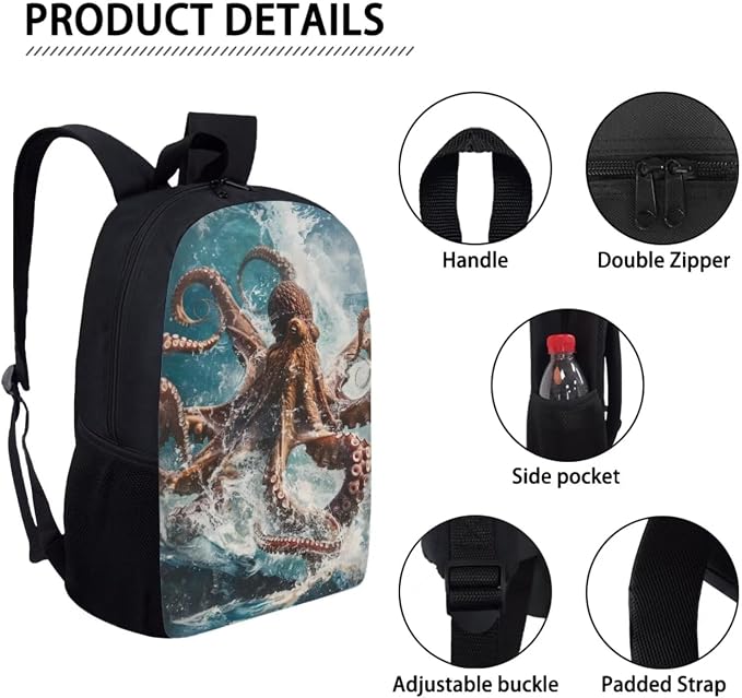 17 Inch Animal Print School Backpack And Lunch Box Set for Kids Lightweight Angry Sea Octopus Backpack for Boys Girls Sturdy School Bag with Insulated Lunchbox Pencil Case Student Bookbag - Image 4