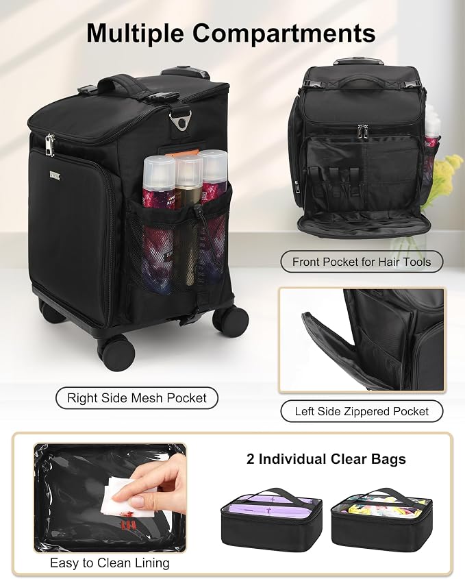 Relavel Rolling Makeup Case, Hair Tools Travel Bag Cosmetology Case on Wheels with 2 Clear Bags, Professional Hairstylist Bag Makeup Artist Storage Train Case Barber Organizer with 360° Spinner Wheels - Image 5