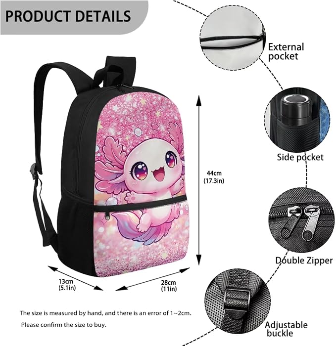 Sparkle Axolotl Kids Backpack 4-Piece Set, 17'' Cute Bookbag with Lunch Bag, Pencil Case & Water Bottle Holder, Lightweight School Bag Gifts for Girls Age 6-12 - Image 3