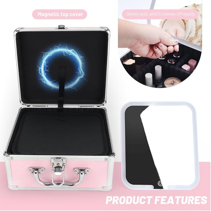 Makeup Case with LED Mirror, Portable Lockable Vanity Case, Travel Makeup Train Box for Women, Cosmetic Organizer, Detachable 3-Color Lighted Mirror, Adjustable Dividers, Brush Holder - Image 5