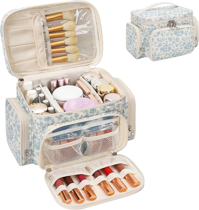 Bagmoly Large Cotton Makeup Bag, Quilted Floral Makeup Bag Organizer for Women Girls with Makeup Brush Compartment & Two Side Pockets, Cosmetic Travel Bag Vertical Storage- Blue Flower by OrganizeYourMakeup