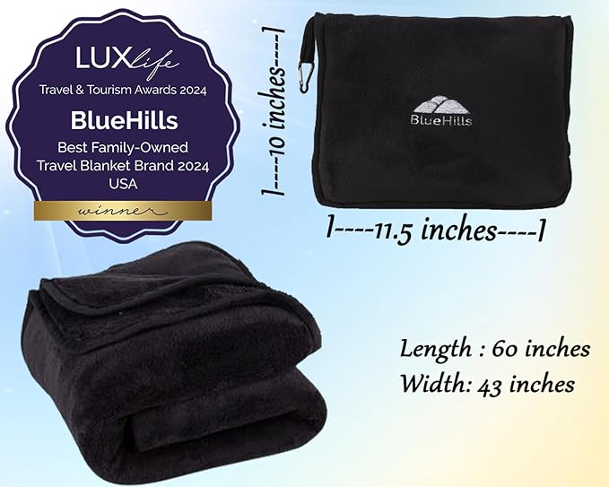 BlueHills Premium Soft Travel Blanket Pillow Flight Comfort Throw - Black | Packed in Soft Bag Pillowcase with Luggage Strap, Carabiner, Long Flight Essentials, Compact Travel Pillow Converts Blanket - Image 5