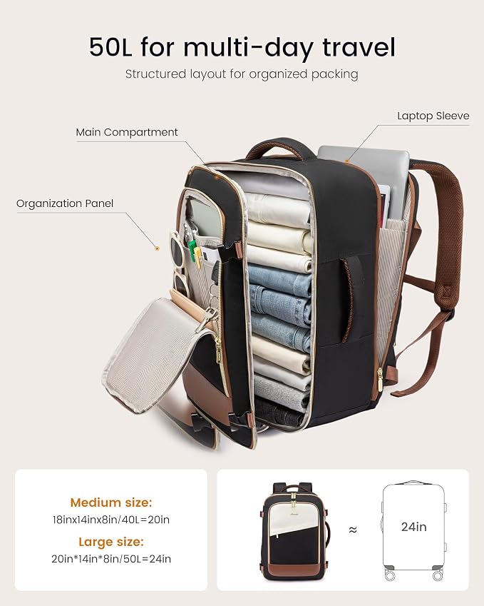 LOVEVOOK Travel Backpack for Women, 50L Carry On Backpack Flight Approved, Large Suitcase Bag for Travel Fits 18.5 inch Laptop, TSA Approved Luggage with 3 Packing Cubes,Waterproof Weekend Backpacks - Image 3