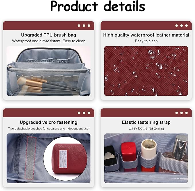 BOYATU Travel Makeup Bag Organizer Cosmetic Bag: 3 Pcs Set Make up Bags for Women with Handle - Waterproof Vegan Leather Toiletry Bags Travel Essentials Pouch with Compartments (A-04-Red) - Image 5