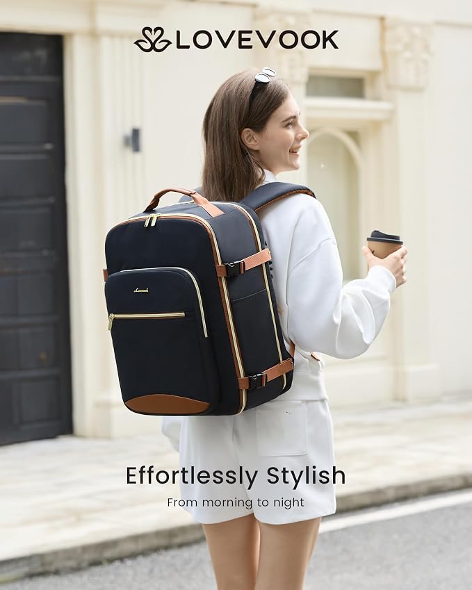 LOVEVOOK 50L Large Travel Backpack for Women Men Fits 17 Inch Laptop, Carry on Backpack for Traveling on Airplane, Personal Item Bag Airline Approved, Business Causal Weekender Backpack, Black-Brown - Image 2
