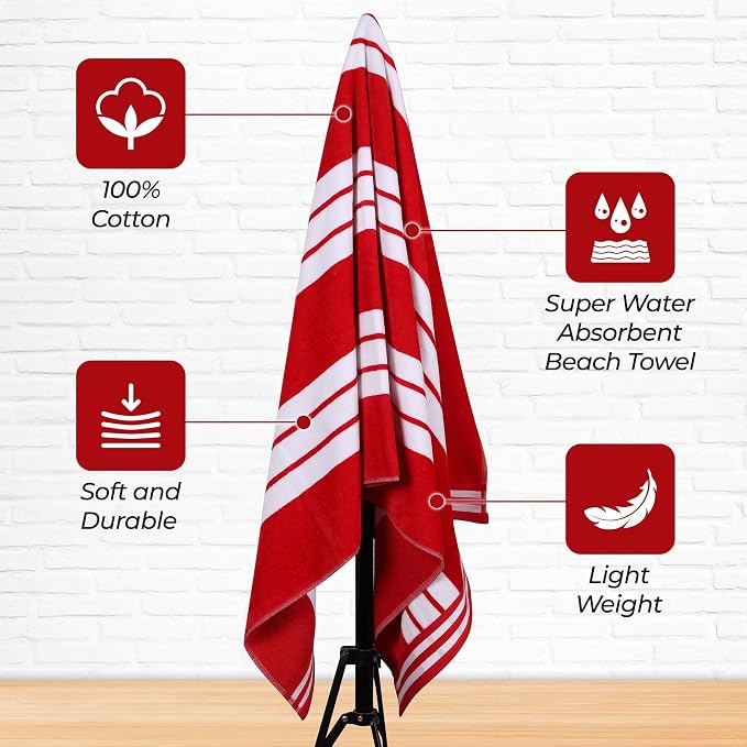 Superior Cotton Cabana Striped Beach Towels, Colorful Towels for Adult, Kid, Pool, Swimming, Sand, Travel, Large Oversized, Absorbent, Fast Drying, Bath Basics, Cabana Collection, 1 Piece, Red - Image 3
