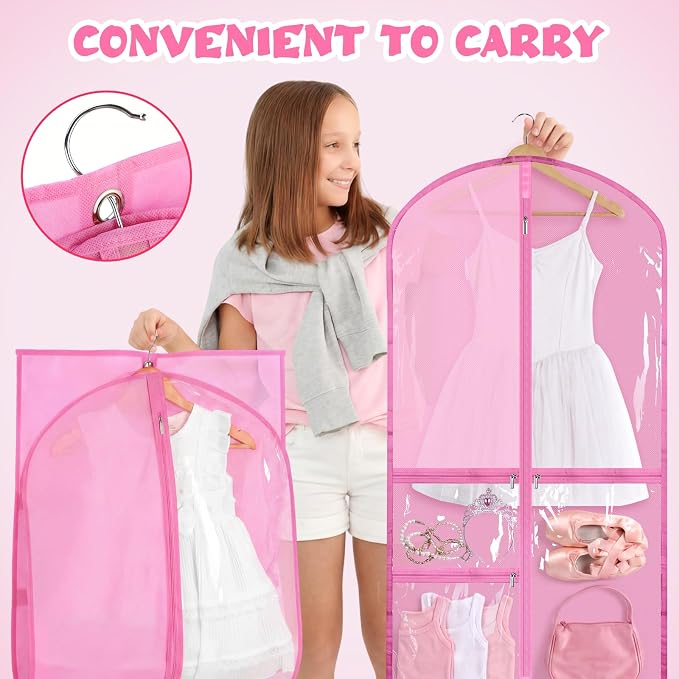 6 Pcs 24'' x 50'' Clear PVC Garment Bag Dance Costume Competition Bag with Rack Zippers Pockets Hanging Garment Covers Costume Organizer Carrier for Adults (Pink) - Image 4