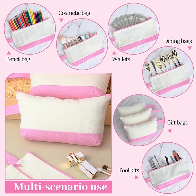 Silkfly 48 Pcs Cotton Canvas Makeup Bags Cosmetic Zipper Bags 10.2 x 5.5 x 2'' Blank DIY Pouch Bulk Pencil Case with Bottom Travel Toiletry Pouch for Women Craft Decor Gift (Beige and Pink) - Image 3