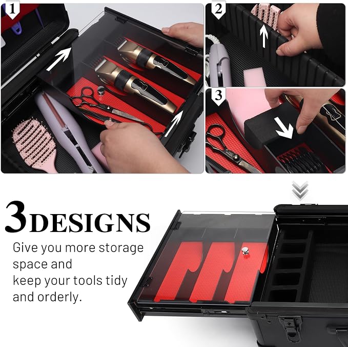 Large Barber Case Organizer, Professional Barber Briefcase with 6 Clipper Slots & 8 Shear Holders, Sliding Tray, 20" Aluminum Barber Carrying Tool Case for Clippers, Scissors, Trimmers & Supplies - Image 4