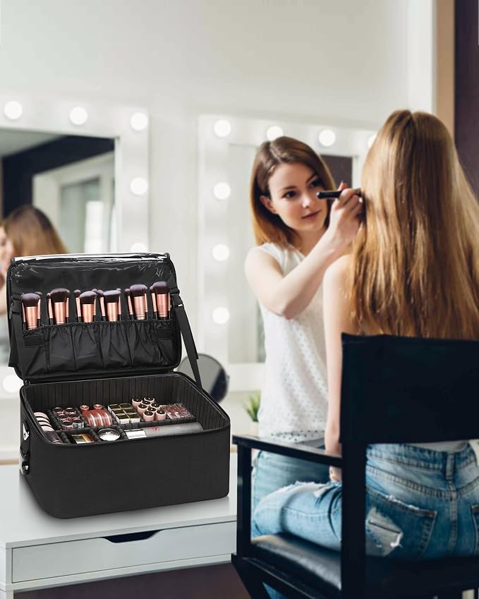 Relavel Makeup Bag Large Makeup Case Professional Cosmetic Storage Organizer Box Brush Holder with 3 Clear Set Bags for Makeup Artists with Shoulder Strap & Adjustable Dividers - Image 8