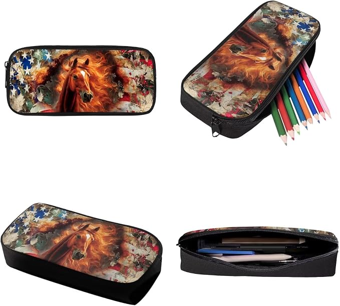 American Flag Horse Print Lightweight Backpack Set with Shoulder Lunch Bag Independence Day, Pen Bag, Camo Forest Print School Students Daypack, Middle School Students Knapsack Set for Kids - Image 7