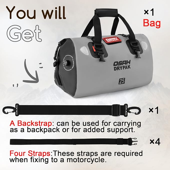 OSAH DRYPAK Waterproof Duffel Bag - Motorcycle Dry Bag Tail Bag with Large Storage Space, Waterproof Luggage Duffle Bags with Outer Mesh Zipper Pocket for Camping, Kayaking, Fishing & Traveling - Image 4