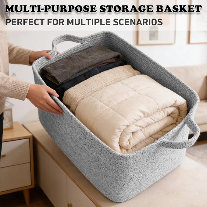 65L Collapsible Woven Rope Laundry Basket with Handles, Grey | 21x16x12 Foldable Rectangular Blanket Basket for Toys, Clothes & Pillows,Ideal for Nursery, Bathroom, Bedroom, Living Room - Image 5