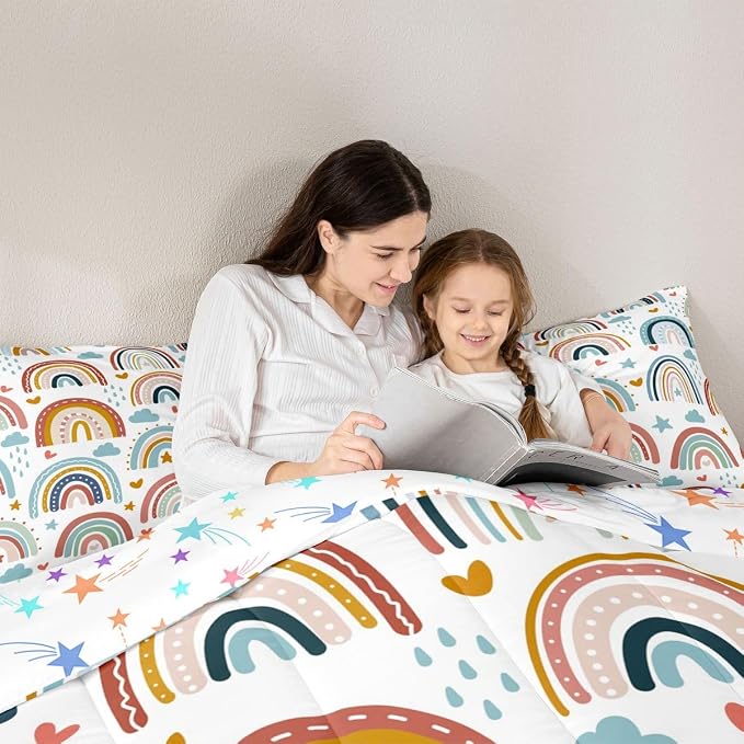 Erosebridal Rainbow Comforter Set for Girls, Cartoon Rainbow Bedding Set Full Size for Kids Boys Women Bedroom Decor, Love Heart Stars Duvet Insert Hand Drawn Iridescent Down Comforter, Colorful - Image 5