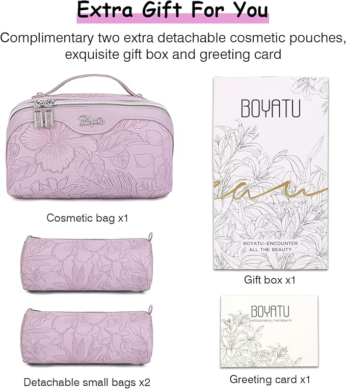 BOYATU Travel Makeup Bags Cosmetic Organizer Bag: 3-Set Large Capacity Make up Bag - PU Leather Toiletry Bags for Women - Wide Open Portable Pouch with Divider & Handle (01-Z-Light Purple) - Image 5
