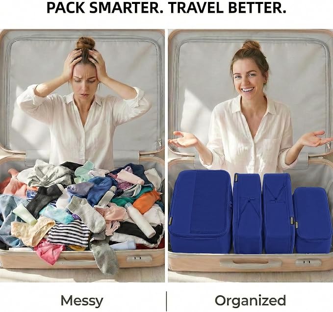 4 Piece Compression Packing Cubes for 3–7 Day Travel, Space Saving Travel Organizers with Breathable Mesh, Double-Zipper Packing Cubes for Carry-On & Suitcases (Blue) - Image 4