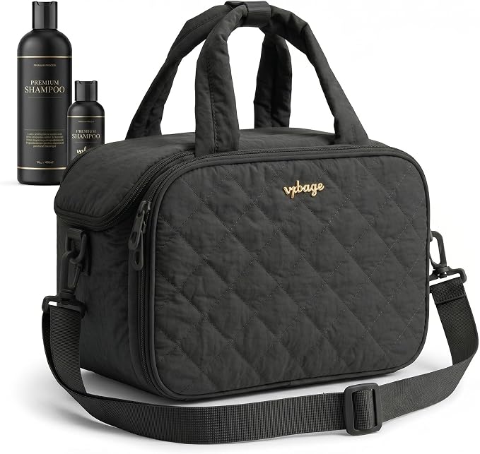 VPBAGE Large Quilted Toiletry Bag for Women, Puffy Travel Makeup Organizer with Removable Divider & Shoulder Strap, Waterproof Standing Cosmetic Case for Full-Size Toiletries, Gym, Vacation by VpbageGear