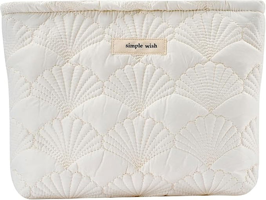 RSRSLEII Quilted Cotton Coquette Makeup bag, Coastal Granddaughter Aesthetic Cosmetic Bag, Cute Seashell Portable Travel Toiletry Pouch (01White) by RSRSLEII